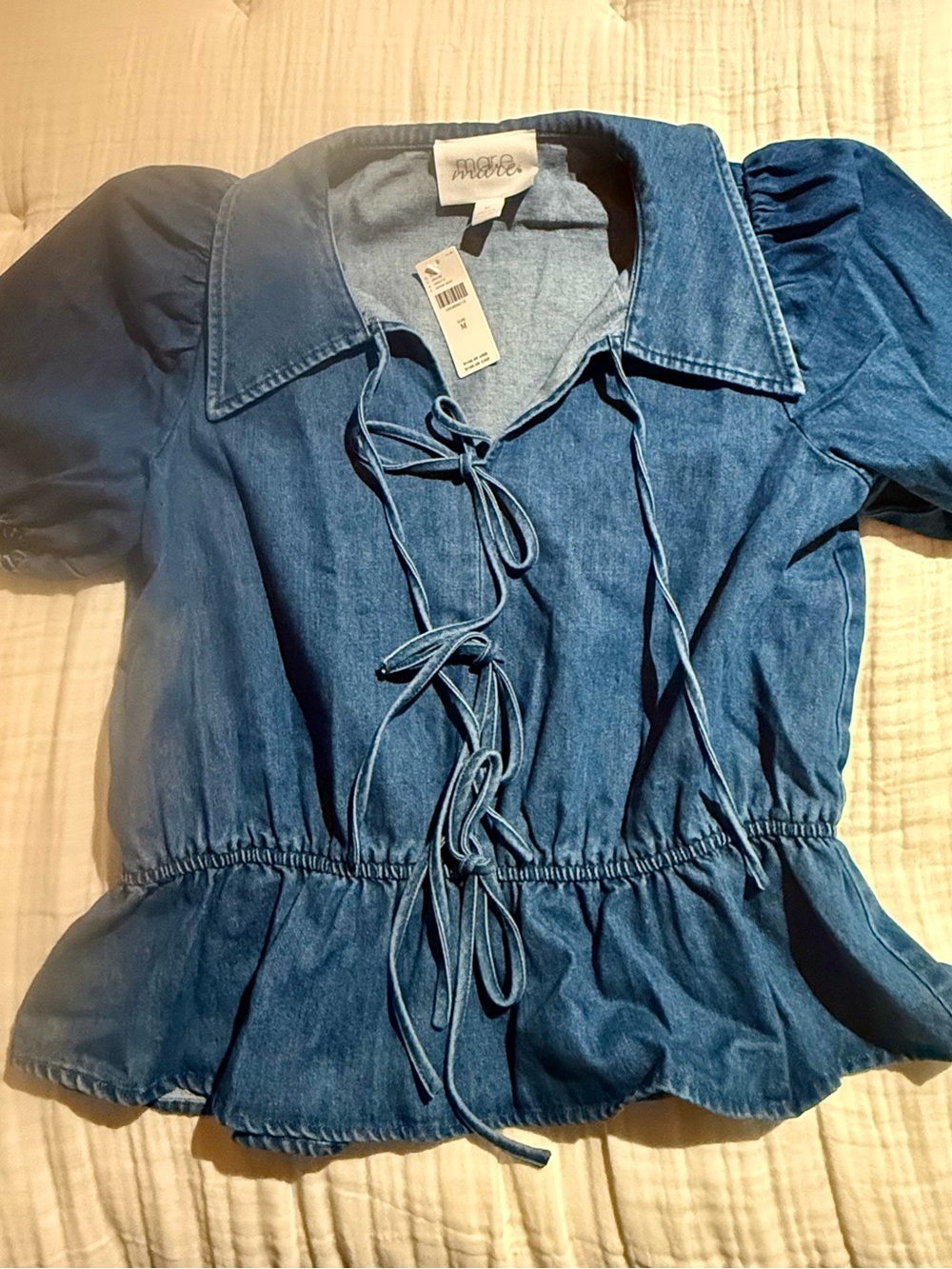 NWT Anthropologie Mare Mare Washed Denim Tie-Front Peplum Puffed Sleeved Blouse